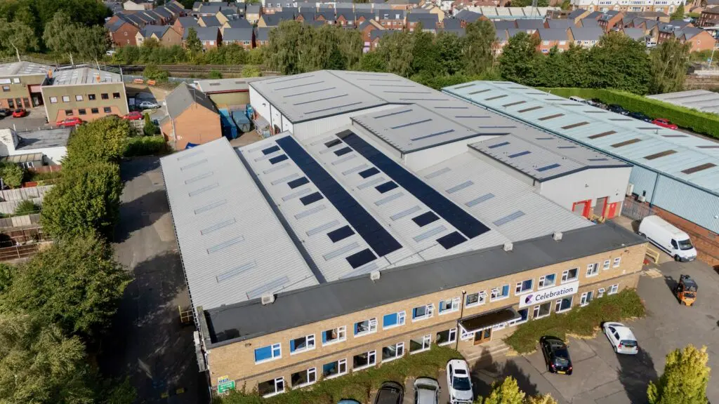 a roof top commercial solar installation at celebration packaging, a manufacturing company in staffordshire